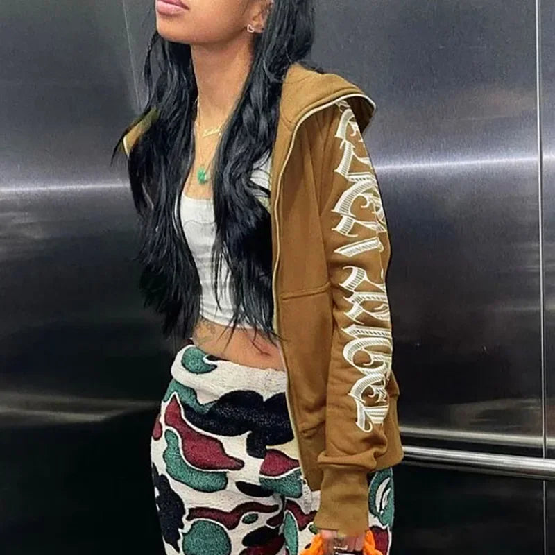 New 2024 Winter Letter Printed Zip Up Hoodie Streetwear Women Cyber Y2k Jackets Cardigan Gothic Punk Clothes Sweatshirts