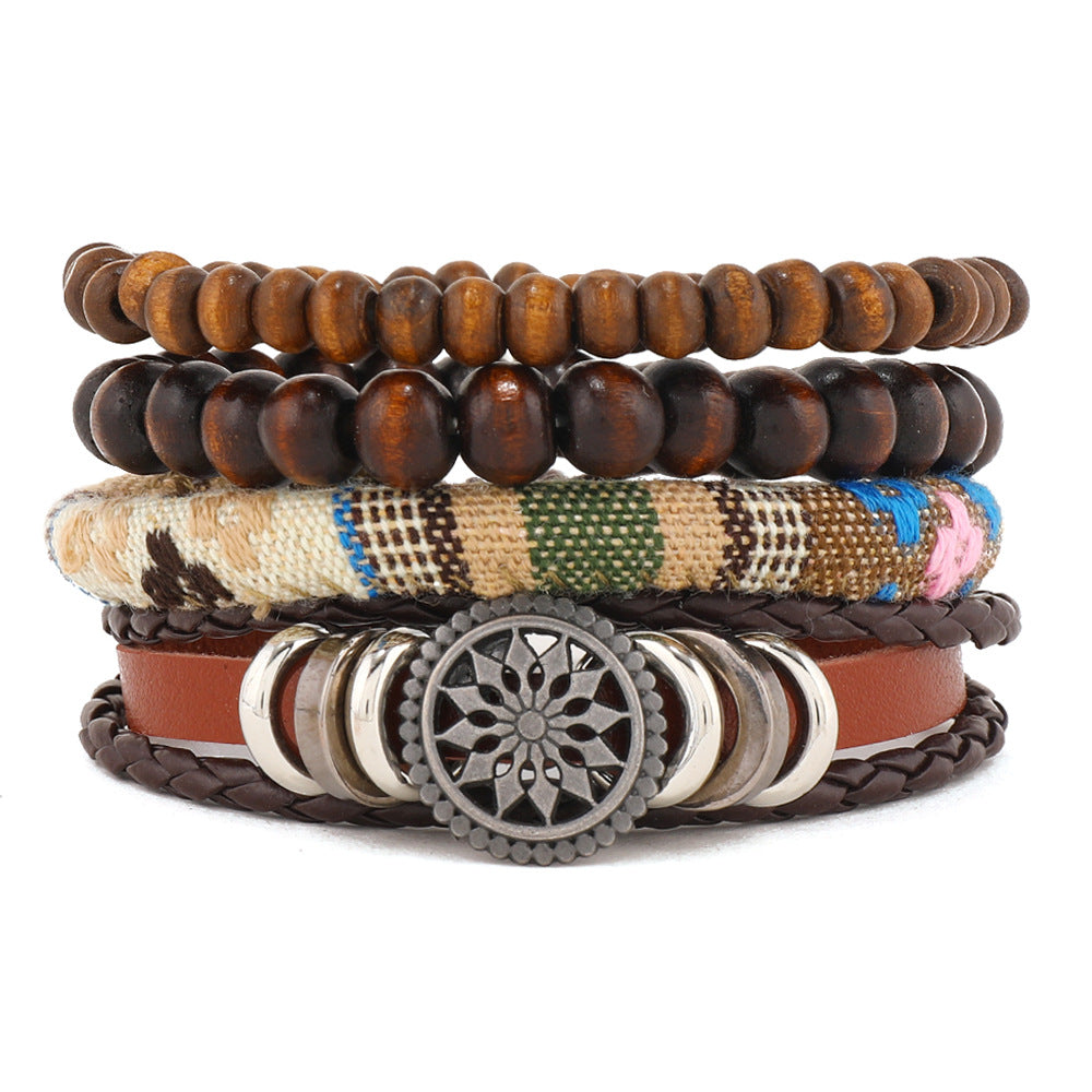 4Pcs/ Set Braided Wrap Leather Bracelet for Men Vintage Life Tree Rudder Charm Wood Bead Ethnic Tribal Wristband Rope Bracelet