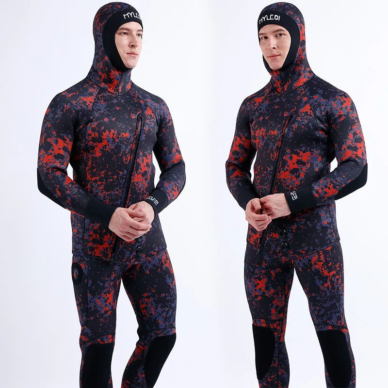 2 Pieces Of Neoprene Submersible 5MM Camouflage Wetsuit Long Sleeve Fission Hooded For Men Keep Warm Waterproof Diving Suit