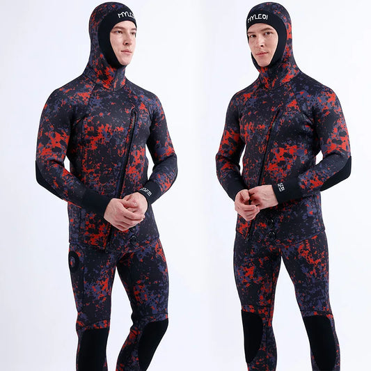 2 Pieces Of Neoprene Submersible 5MM Camouflage Wetsuit Long Sleeve Fission Hooded For Men Keep Warm Waterproof Diving Suit