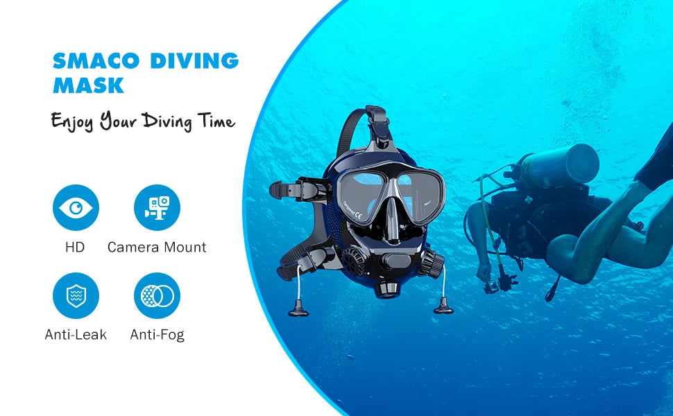 SMACO Full Face Diving Mask with Camera Mount, Full Face Snorkel Mask for Adults Compatible with Above 1L Scuba Diving Tank,