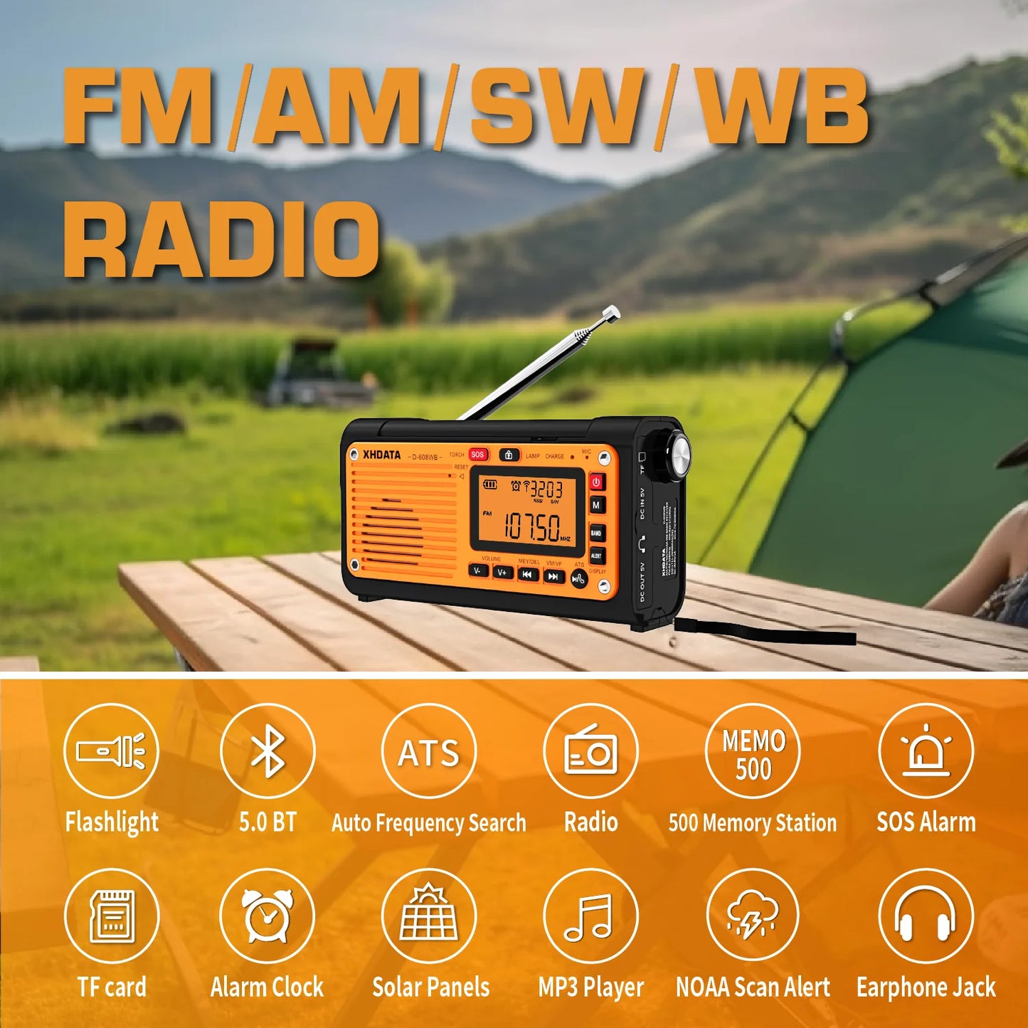 XHDATA D-608WB Emergency Crank Weather Radio FM/AM/SW/NOAA Alert Portable Radio with Phone Charger, Bluetooth, Battery Operated