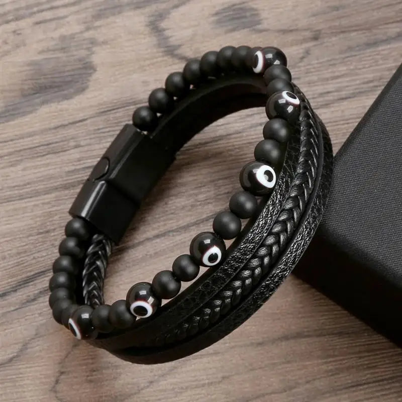 New Fashion Eyes Fatima Hand Leather Bracelets For Women Men Lucky Turkish Evil Eye Beaded Bracelet Couple Jewelry Gift