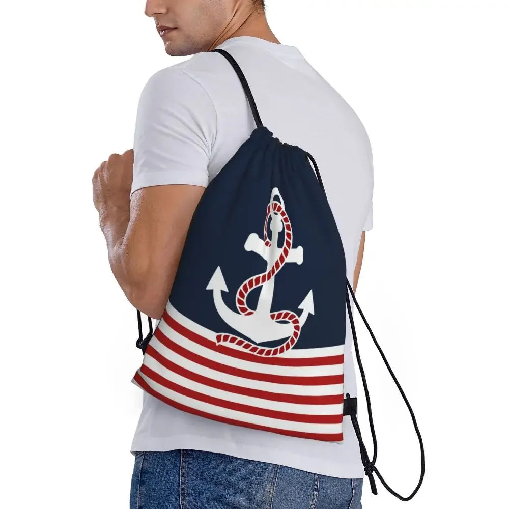 Custom Anchor And Navy Blue Stripes Drawstring Backpack Women Men Gym Sport Sackpack Portable Nautical Sailor Shopping Bag Sack