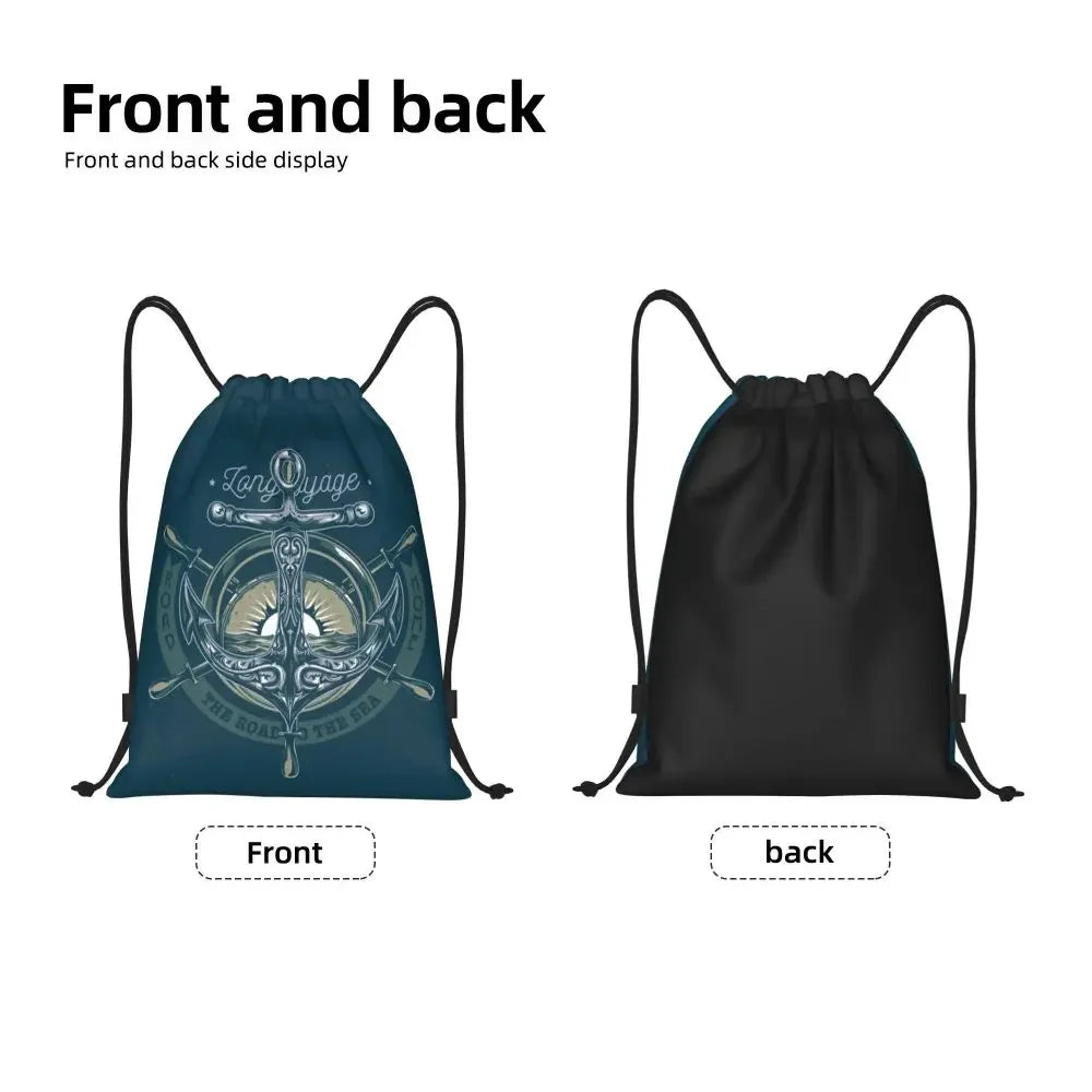 Custom Anchor And Navy Blue Stripes Drawstring Backpack Women Men Gym Sport Sackpack Portable Nautical Sailor Shopping Bag Sack