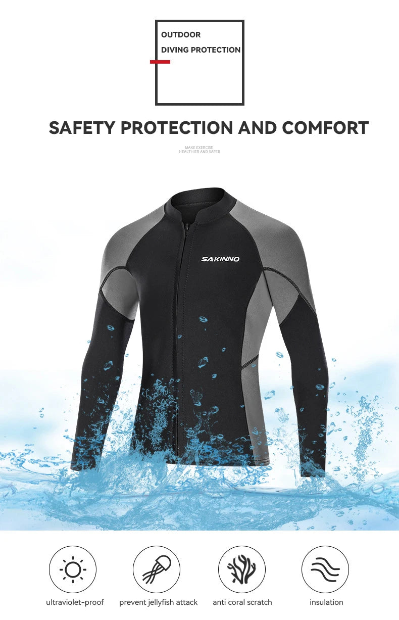 2mm Neoprene Men's Diving Jacket Warm Cold-proof Sunscreen Long-sleeved Split Swimming Surfing Deep Snorkeling Wetsuit Top
