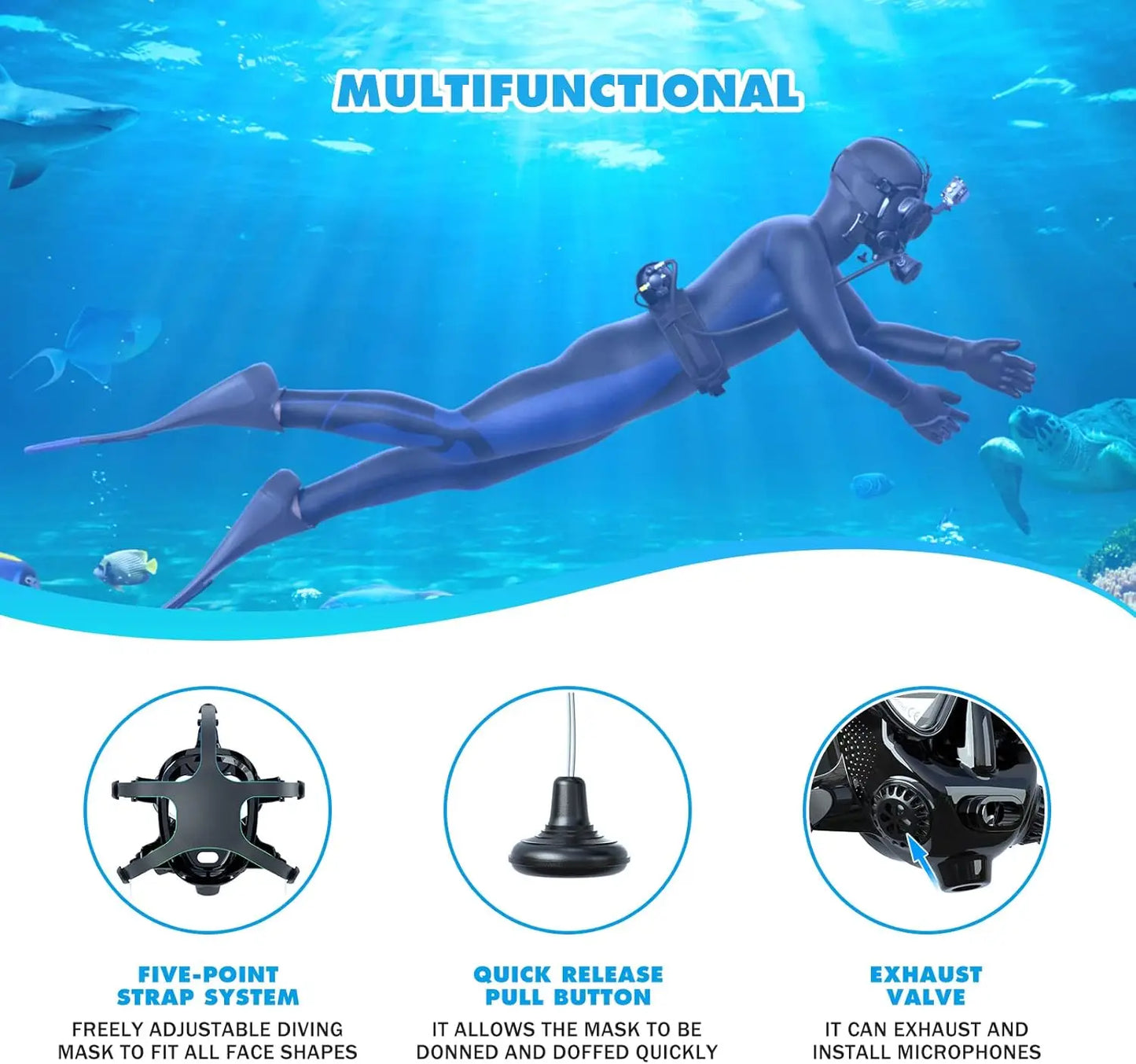 SMACO Full Face Diving Mask with Camera Mount, Full Face Snorkel Mask for Adults Compatible with Above 1L Scuba Diving Tank,