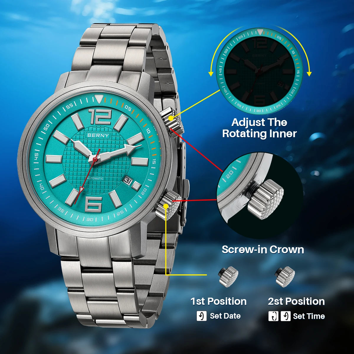 BERNY Automatic Diver Watch for Men Super Luminous Sapphire Miyota 8215 Compressor 20ATM Swimming Scuba Diving Sports Man Watch