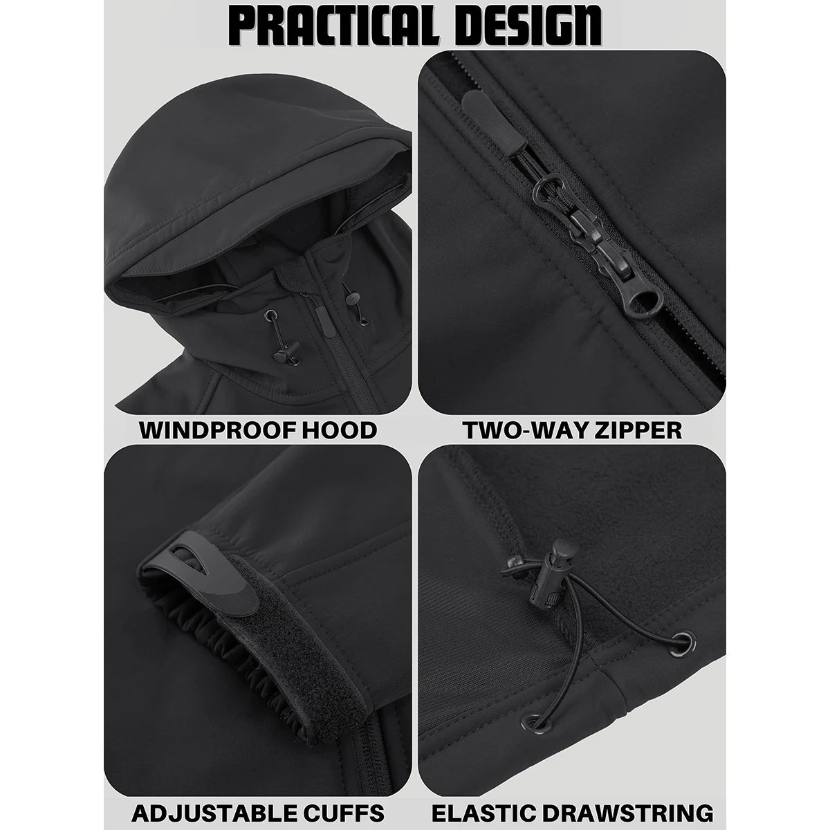 TACVASEN Men's Soft-shell Hooded Hiking Jackets Waterproof Fleece Lined Coat with Zipper Pockets Working Outdoor Windbreaker