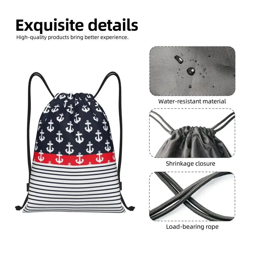 Custom Anchor And Navy Blue Stripes Drawstring Backpack Women Men Gym Sport Sackpack Portable Nautical Sailor Shopping Bag Sack