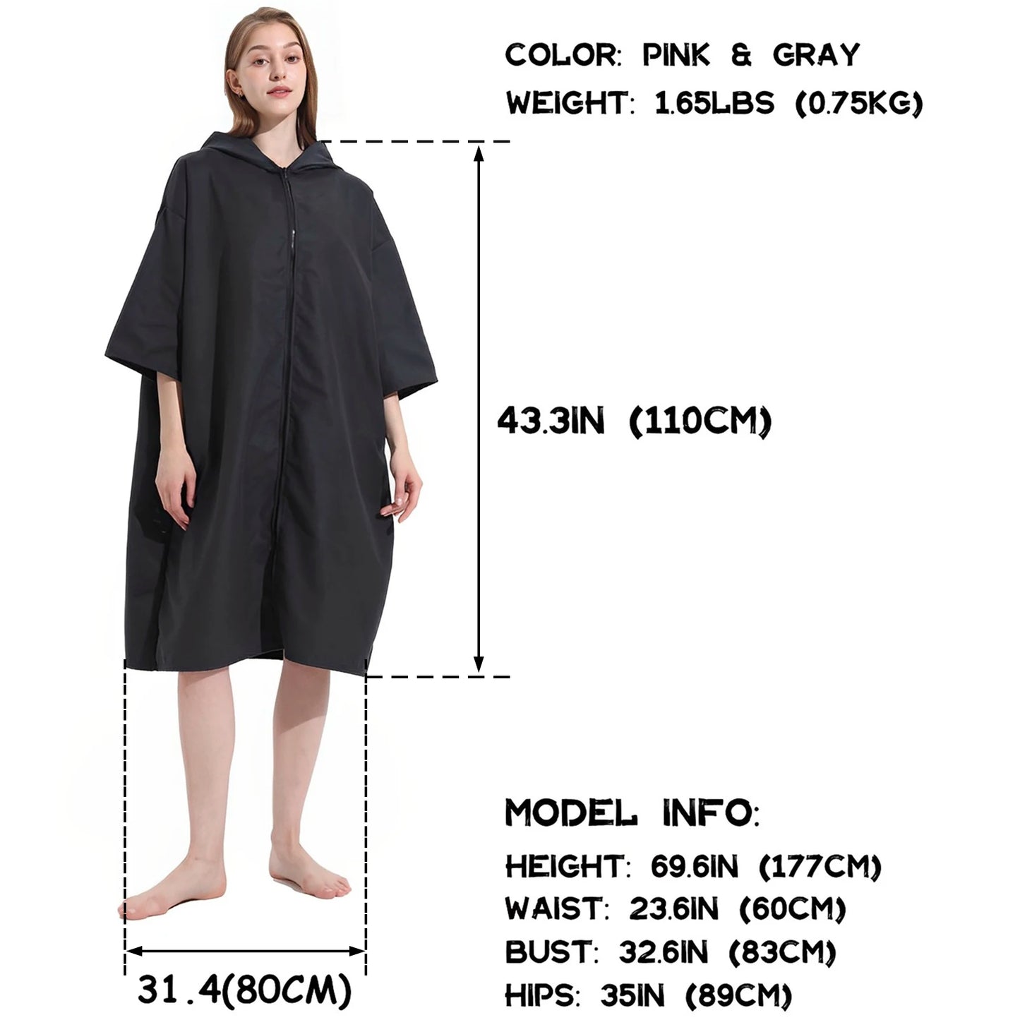 Changing Robe with Hood Microfiber Towel Poncho Robe with Zipper Short Sleeve Surf Poncho Oversized Changing Towel Robe Quick