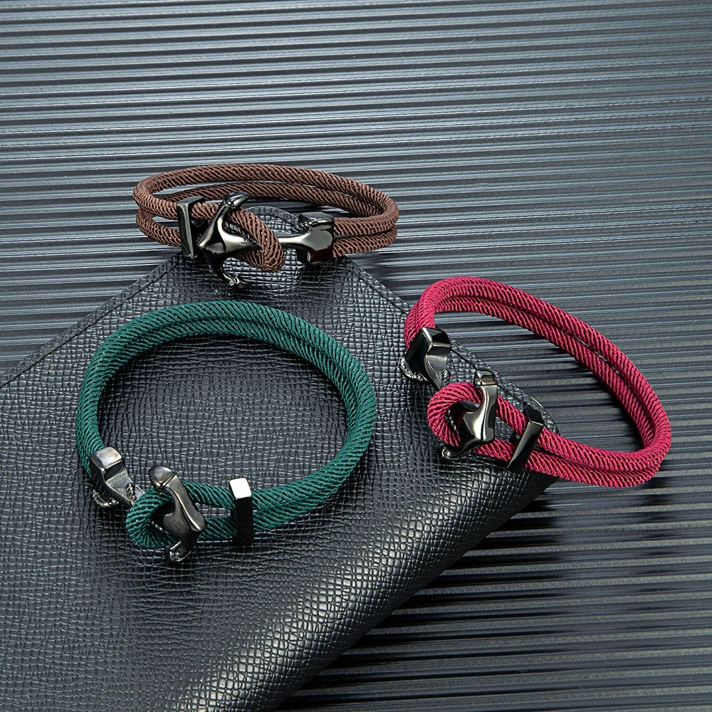 MKENDN Navy Anchor Bracelets Men Double strand Nautical Rope Bracelet Women Black Stainless Steel Surfer Sport Hook