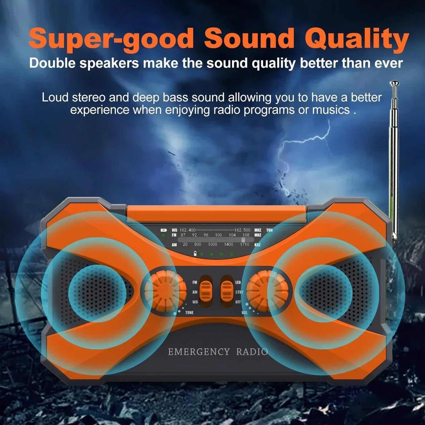 Multifunctional 10000mAh Solar Crank Radio AM/FM/NOAA Weather Alert, Dual Stereo Speakers, Phone Charger, LED Torch & SOS Alarm