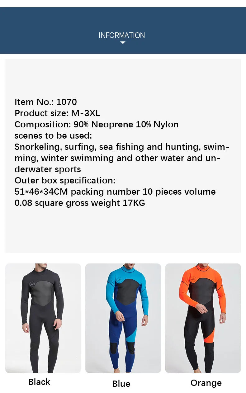 Men Wetsuit 3mm Neopreno Keep Warm One-Piece Swimsuits Quick Dry Snorkeling Kayaking Surfing Clothes Diving Suit Kitesurf