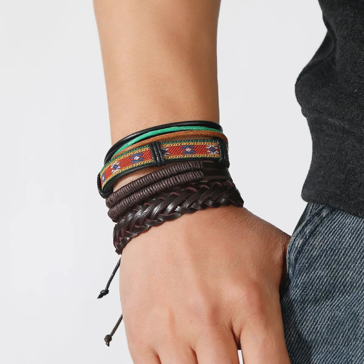 4Pcs/ Set Braided Wrap Leather Bracelets for Men Vintage Life Tree Rudder Charm Wood Beads Ethnic Tribal Wristband Rope Bracelet