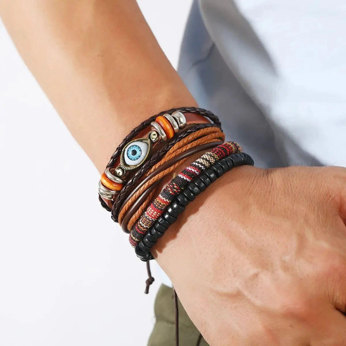 4Pcs/ Set Braided Wrap Leather Bracelets for Men Vintage Life Tree Rudder Charm Wood Beads Ethnic Tribal Wristband Rope Bracelet