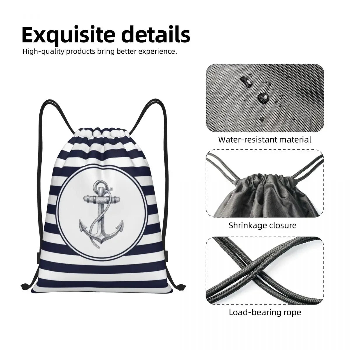 Custom Anchor And Navy Blue Stripes Drawstring Backpack Women Men Gym Sport Sackpack Portable Nautical Sailor Shopping Bag Sack
