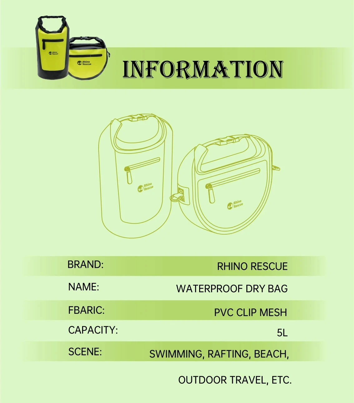 Rhino Rescue Waterproof Dry Bag 5L - Roll Top Waterproof Backpack Sack Keeps Gear Dry for Kayak