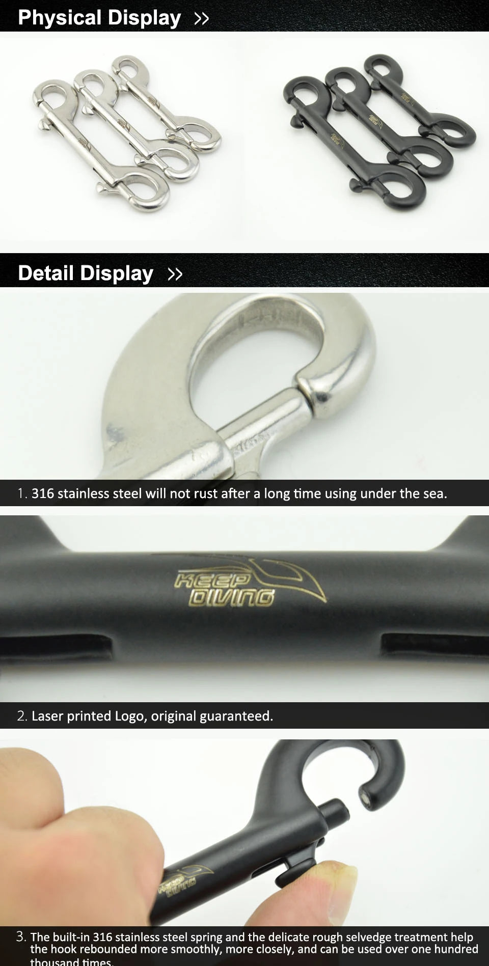 1 PCS KEEP DIVING 316 Stainless Steel Scuba Diving Double Ended Hook Accessory For Equipment BCD Chioce Snap Bolt kit Quick Draw