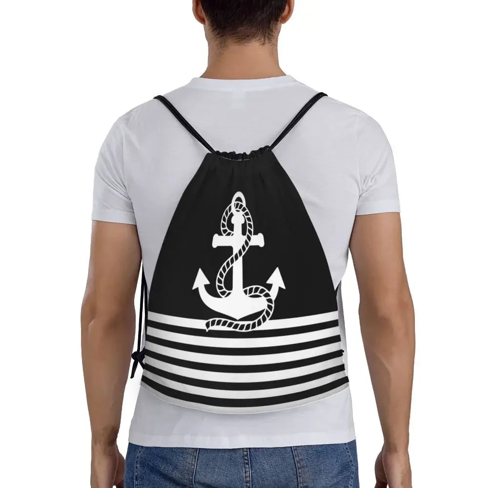 Custom Anchor And Navy Blue Stripes Drawstring Backpack Women Men Gym Sport Sackpack Portable Nautical Sailor Shopping Bag Sack