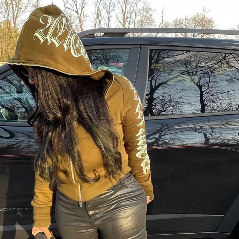 New 2024 Winter Letter Printed Zip Up Hoodie Streetwear Women Cyber Y2k Jackets Cardigan Gothic Punk Clothes Sweatshirts