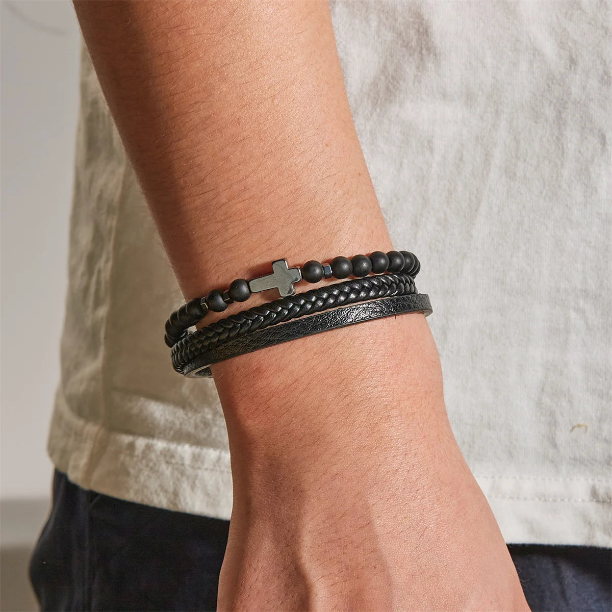 Classic Natural Stone Leather Bracelets For Men Women Multilayer Hand-Woven Cross Leather Bracelet Fashion Party Jewelry Gifts