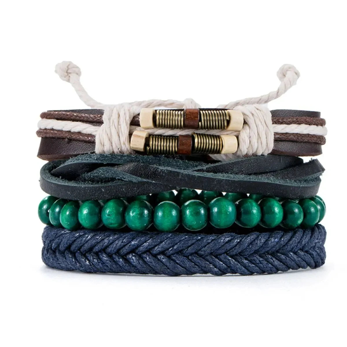 4Pcs/ Set Braided Wrap Leather Bracelets for Men Vintage Life Tree Rudder Charm Wood Beads Ethnic Tribal Wristband Rope Bracelet