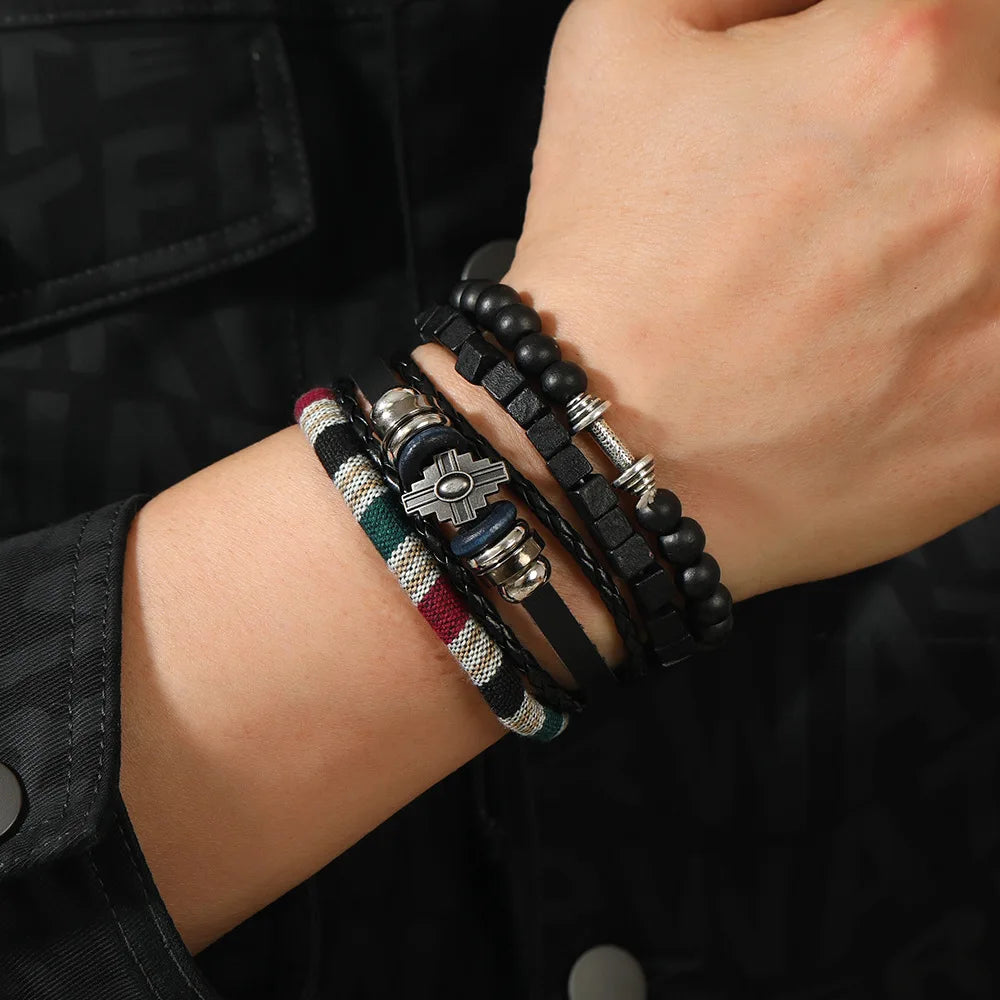 4Pcs/ Set Braided Wrap Leather Bracelet for Men Vintage Life Tree Rudder Charm Wood Bead Ethnic Tribal Wristband Rope Bracelet