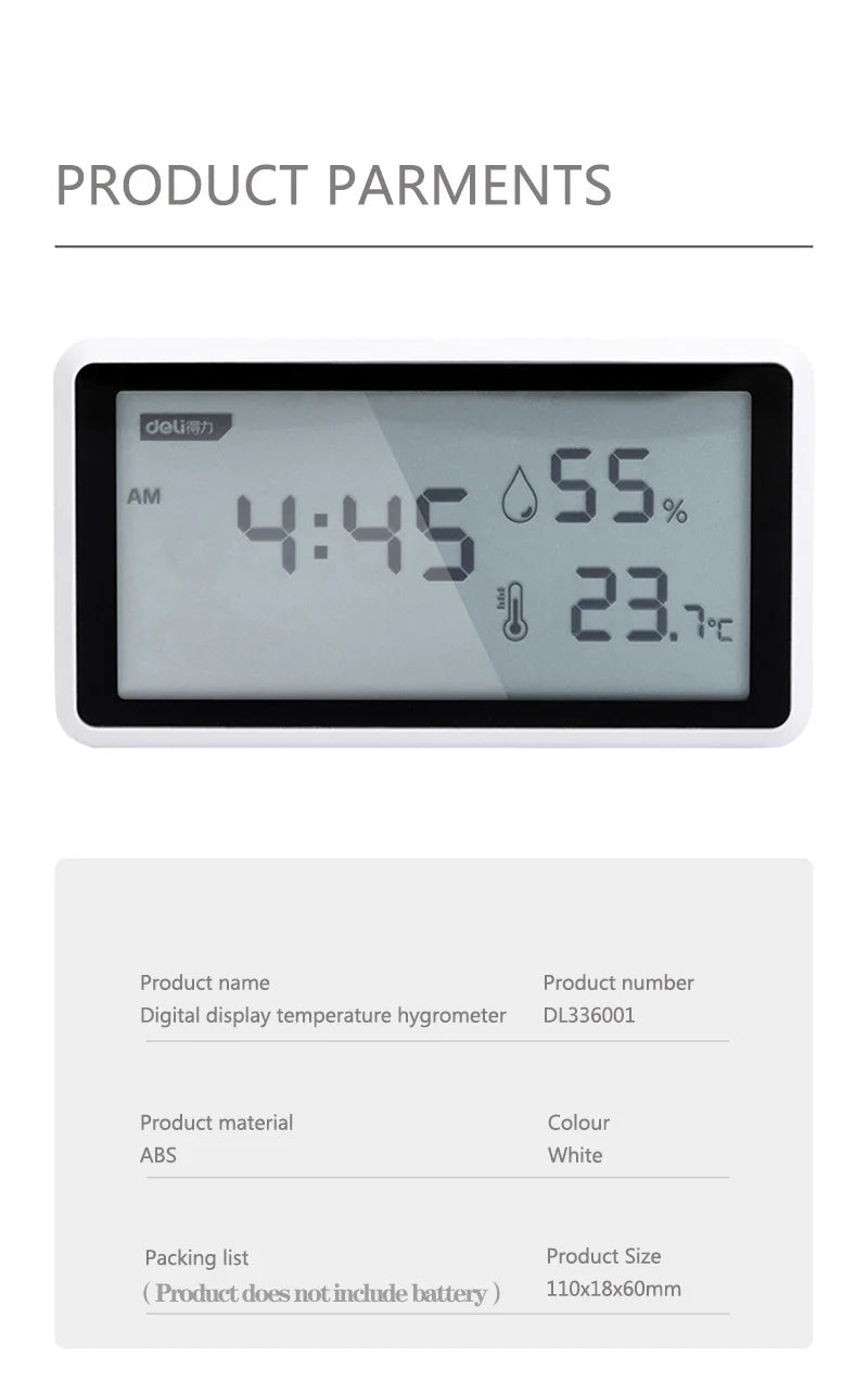 Deli Electronic Thermometer Hygrometer Weather Station Sensor High Precision with Table Clock Function LCD Digital Display