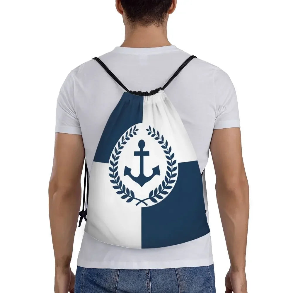 Custom Anchor And Navy Blue Stripes Drawstring Backpack Women Men Gym Sport Sackpack Portable Nautical Sailor Shopping Bag Sack