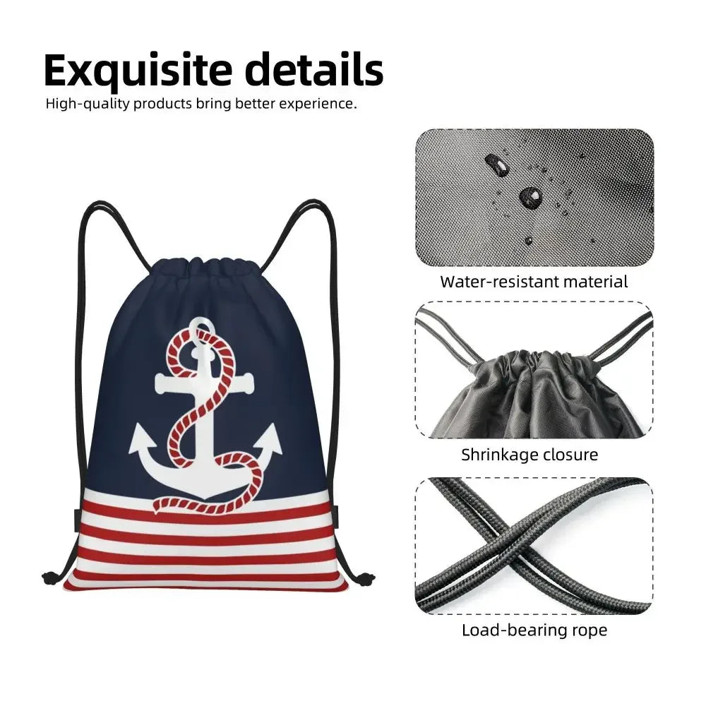 Custom Anchor And Navy Blue Stripes Drawstring Backpack Women Men Gym Sport Sackpack Portable Nautical Sailor Shopping Bag Sack