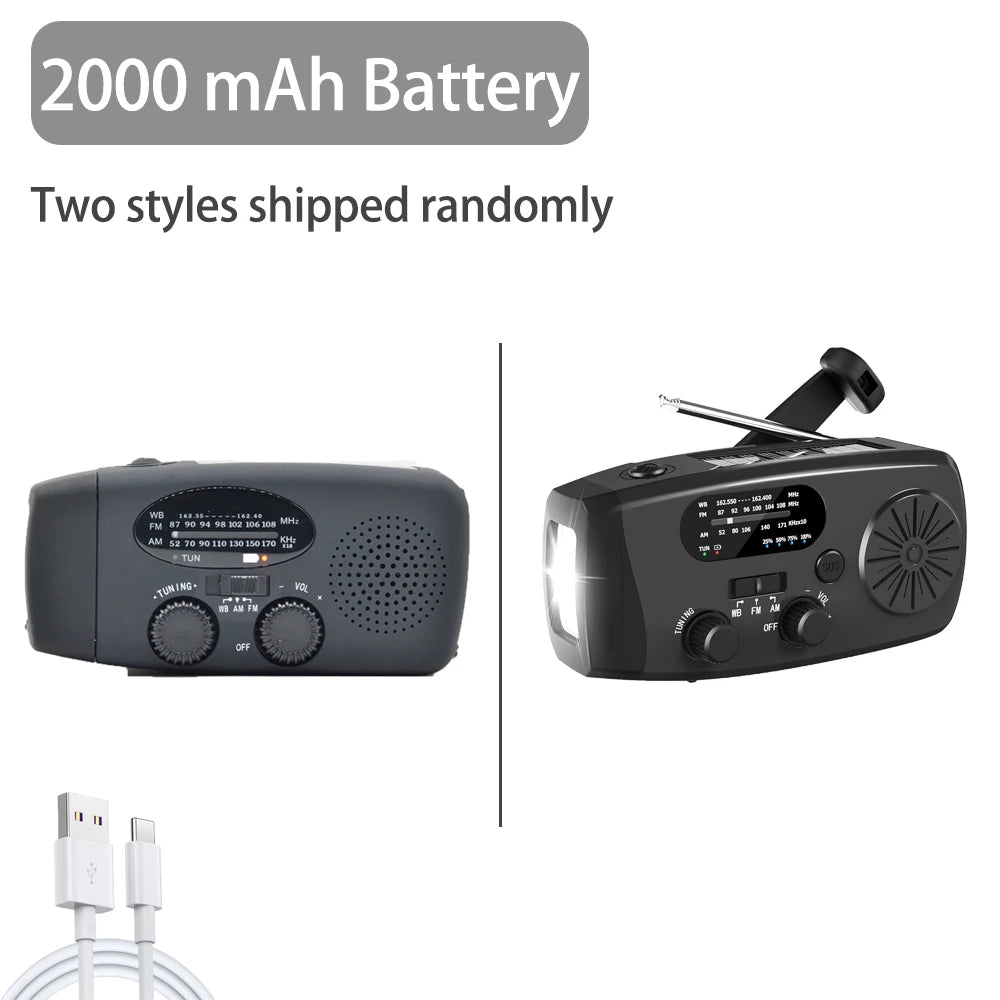 2000mAh high capacity rechargeable radio solar rechargeable emergency light outdoor camping flashlight waterproof portable light