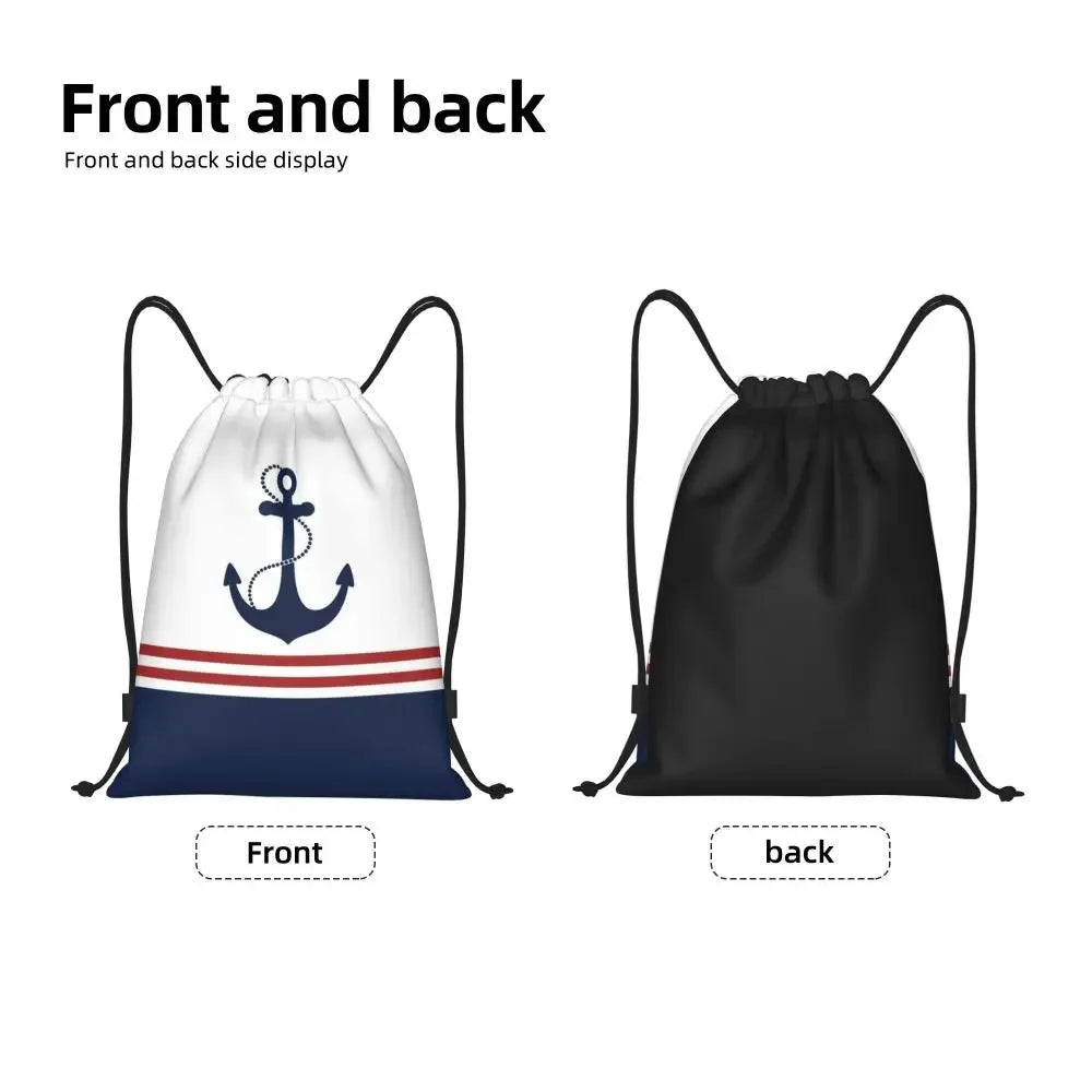 Custom Anchor And Navy Blue Stripes Drawstring Backpack Women Men Gym Sport Sackpack Portable Nautical Sailor Shopping Bag Sack