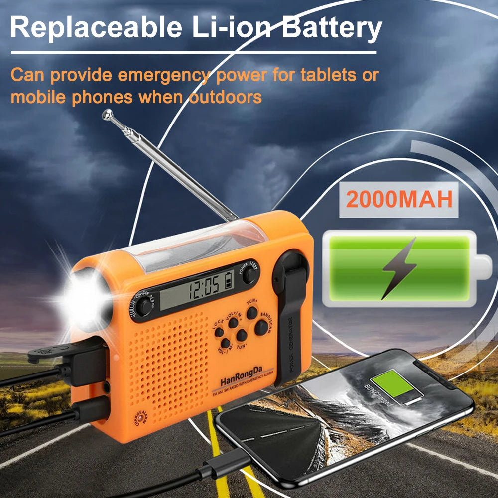 Weather Emergency Radio AM/FM/SW Portable Solar Hand Crank Radio 3 in 1 2000mAh Power Bank Phone Charger Flashlight for Camping