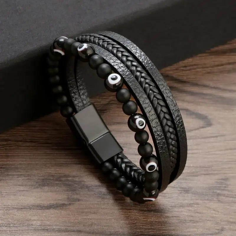 New Fashion Eyes Fatima Hand Leather Bracelets For Women Men Lucky Turkish Evil Eye Beaded Bracelet Couple Jewelry Gift