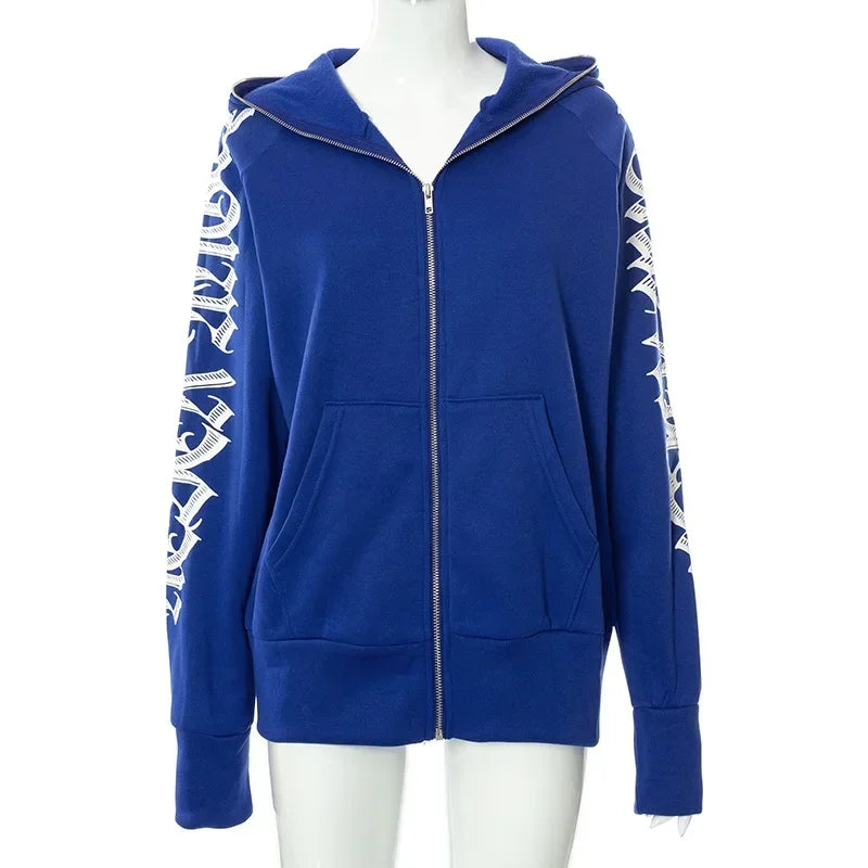 New 2024 Winter Letter Printed Zip Up Hoodie Streetwear Women Cyber Y2k Jackets Cardigan Gothic Punk Clothes Sweatshirts