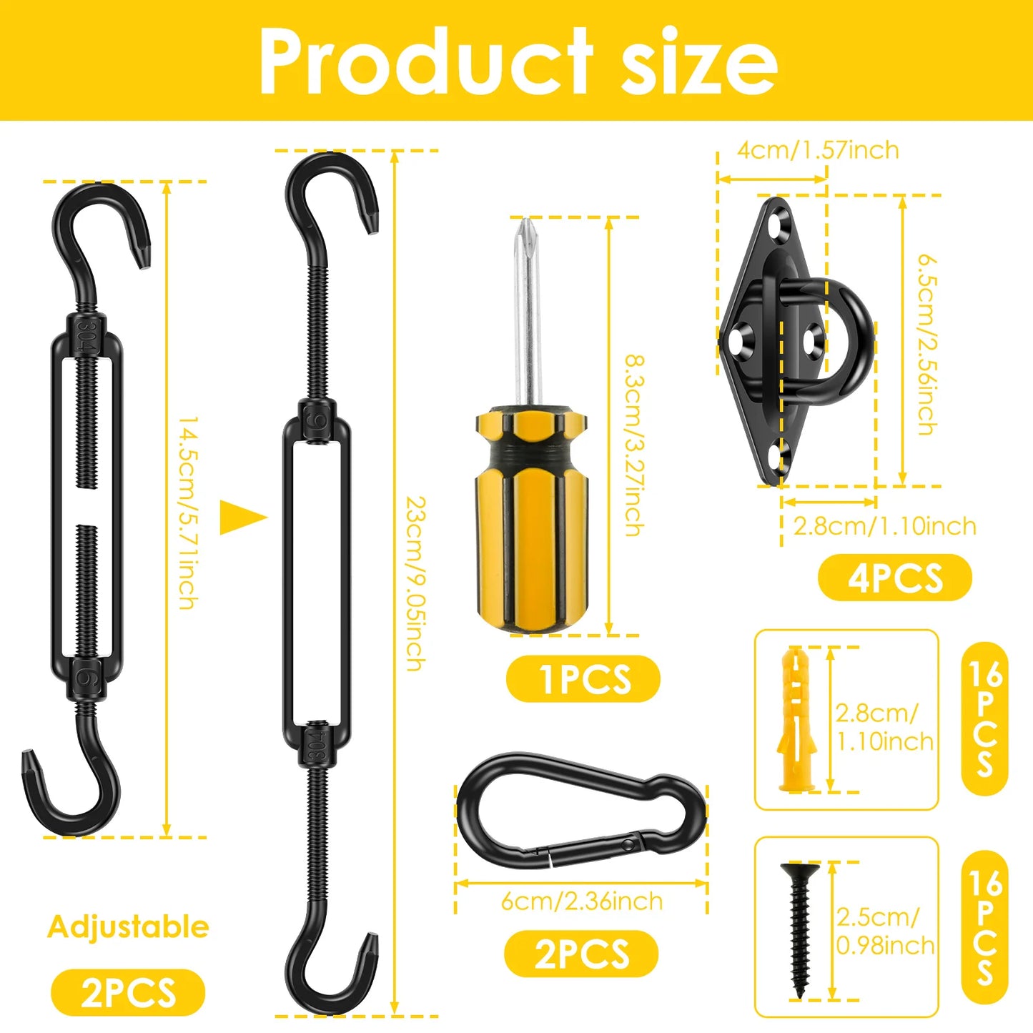 41Pcs Sun Shade Sail Hardware Kit 304 Stainless Steel Awning Fixing Installation Kit Heavy Duty Awning Attachment for Outdoor
