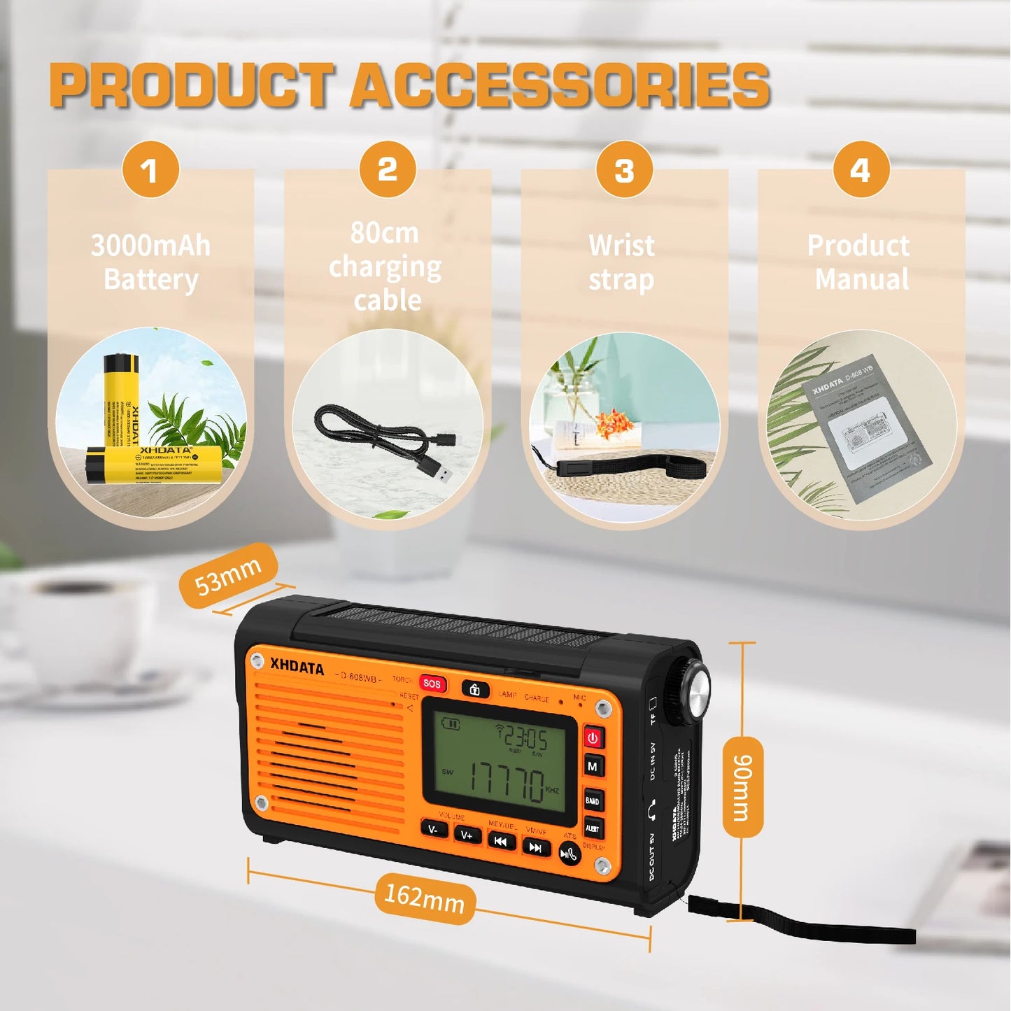 XHDATA D-608WB Emergency Crank Weather Radio FM/AM/SW/NOAA Alert Portable Radio with Phone Charger, Bluetooth, Battery Operated