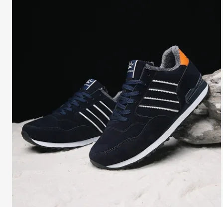 Autumn Men Sneakers Natural Pig Skin Material Male Trainers Outdoor Stylish Shoes Lace-up Flats Non-slip Rubber Sole Blue Grey