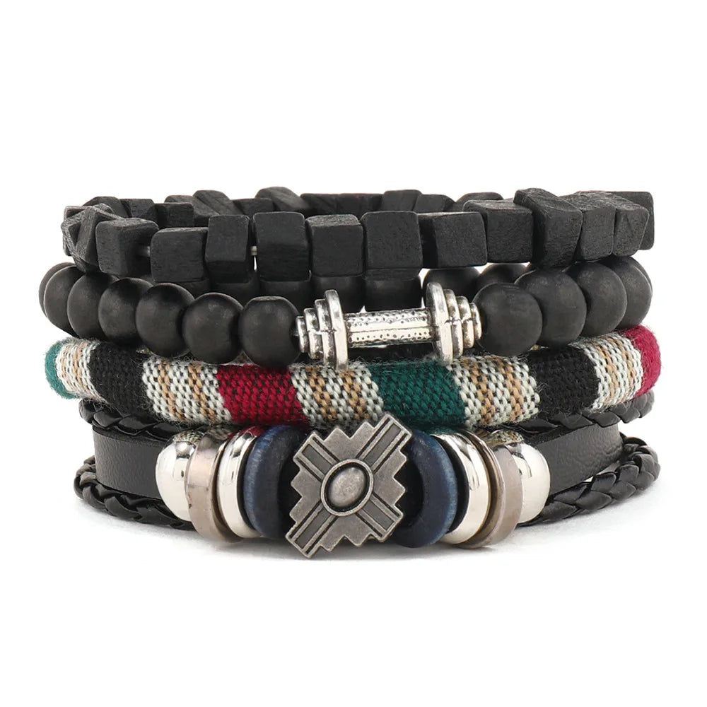 4Pcs/ Set Braided Wrap Leather Bracelet for Men Vintage Life Tree Rudder Charm Wood Bead Ethnic Tribal Wristband Rope Bracelet