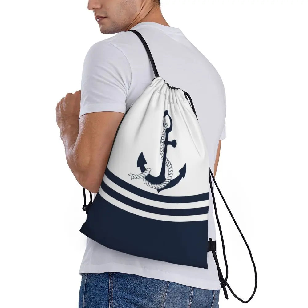 Custom Retro Vintage Nautical Anchor Drawstring Bags Men Women Foldable Gym Sports Sackpack Sailor Training Storage Backpacks