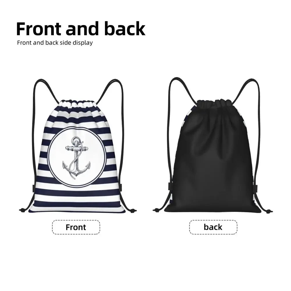Custom Anchor And Navy Blue Stripes Drawstring Backpack Women Men Gym Sport Sackpack Portable Nautical Sailor Shopping Bag Sack