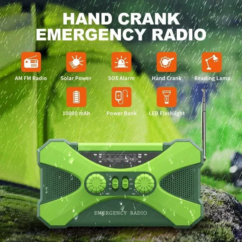 Multifunctional 10000mAh Solar Crank Radio AM/FM/NOAA Weather Alert, Dual Stereo Speakers, Phone Charger, LED Torch & SOS Alarm