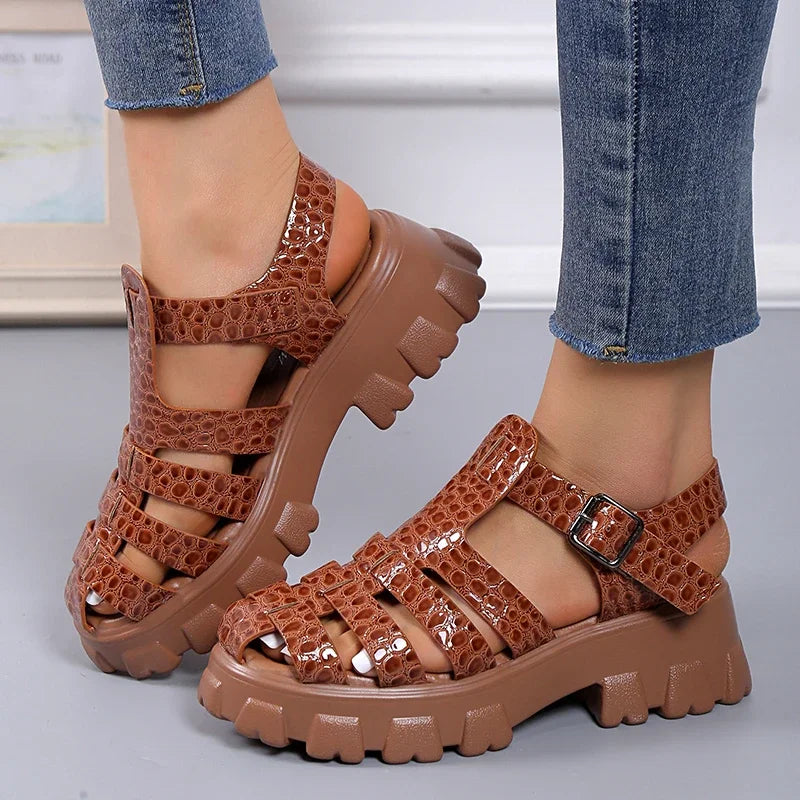 Summer Fashion Gladiator Women Narrow Band Cross-tied Platform Square Heel Peep Toe Rome Design Sexy Mature Shoes Ladies Female