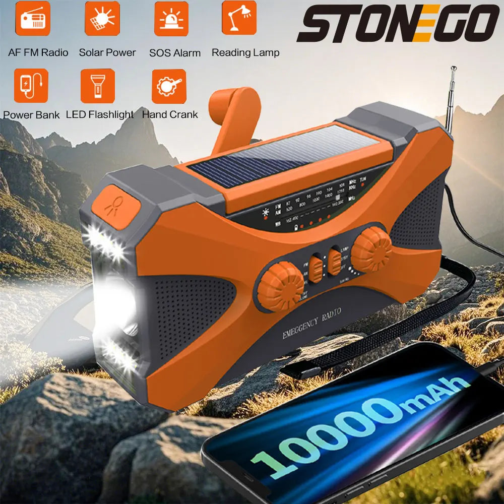 Multifunctional 10000mAh Solar Crank Radio AM/FM/NOAA Weather Alert, Dual Stereo Speakers, Phone Charger, LED Torch & SOS Alarm