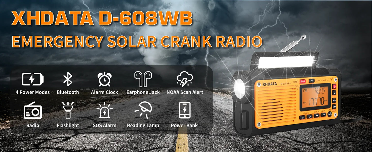 XHDATA D-608WB Emergency Crank Weather Radio FM/AM/SW/NOAA Alert Portable Radio with Phone Charger, Bluetooth, Battery Operated