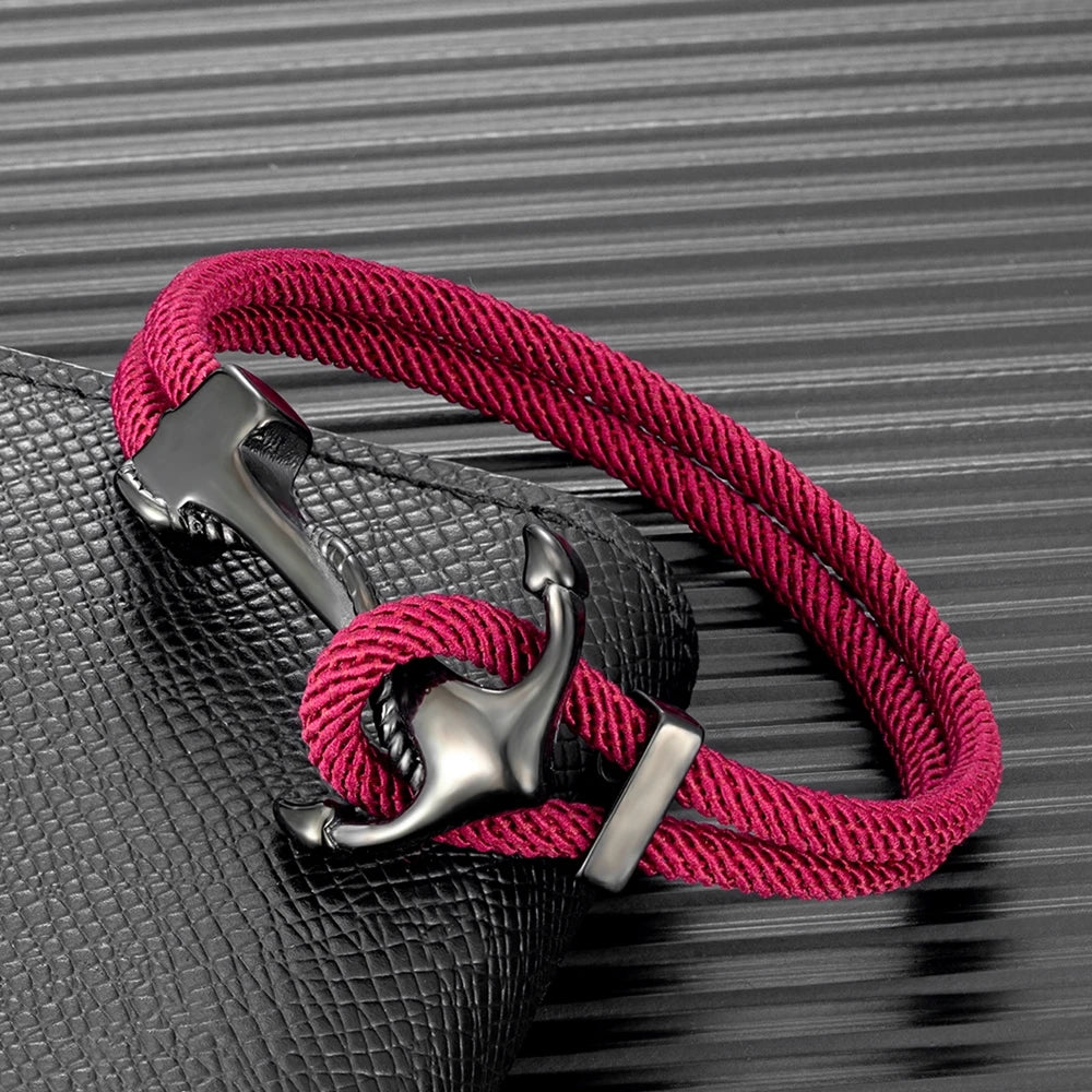 MKENDN Anchor Bracelets Men Double Strand Nautical Survival Rope Paracord Bracelet Women Black Stainless Steel Navy Sport Buckle