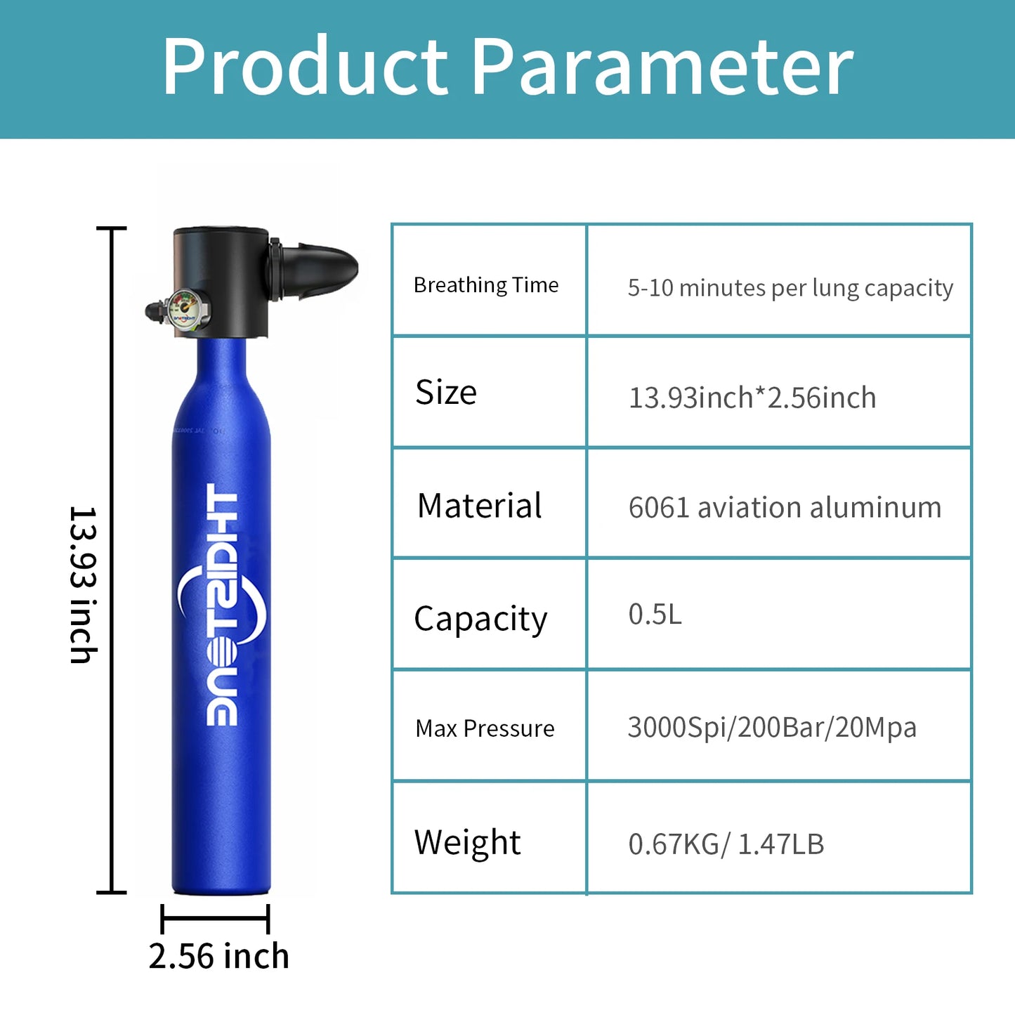 TAIITONEE-Mini Scuba Diving Oxygen Cylinder, 0.5L, 5-10 Minutes, Underwater Breathing Respirator