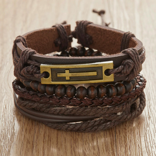 Trendy Braided Wrap Leather Bracelet for Men Women Vintage Feather Infinite Cross Wood Beads Ethnic Wristband Jewelry Gifts