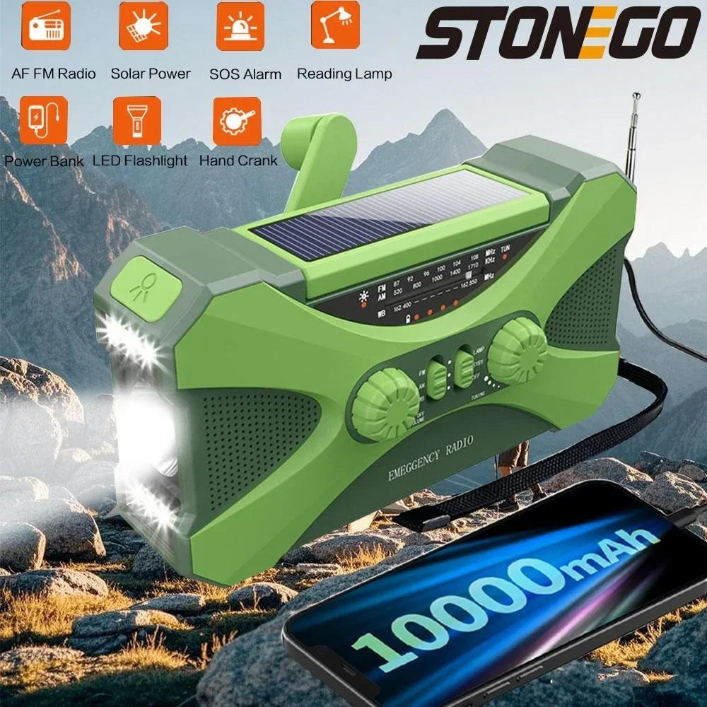 Multifunctional 10000mAh Solar Crank Radio AM/FM/NOAA Weather Alert, Dual Stereo Speakers, Phone Charger, LED Torch & SOS Alarm